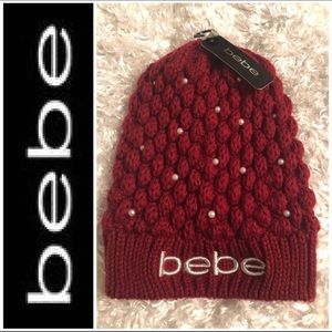 bebe Red Knit Logo Beanie With Faux Pearl Accents